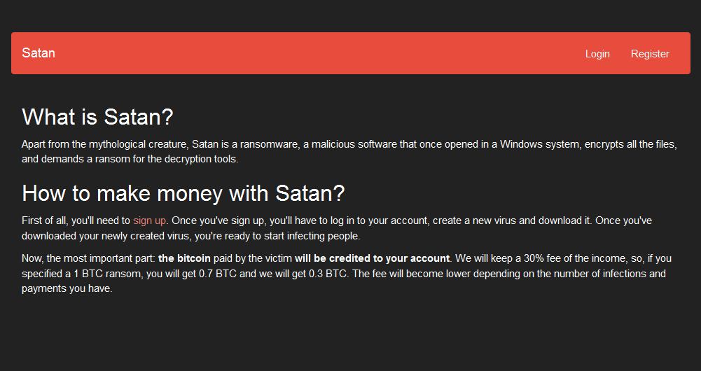 Screenshot of Satan Ransomeware advert